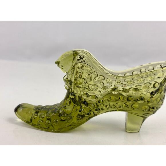 VTG Fenton Hobnail Cat Head Colonial Olive Green Glass Slipper Shoe - Picture 11 of 16